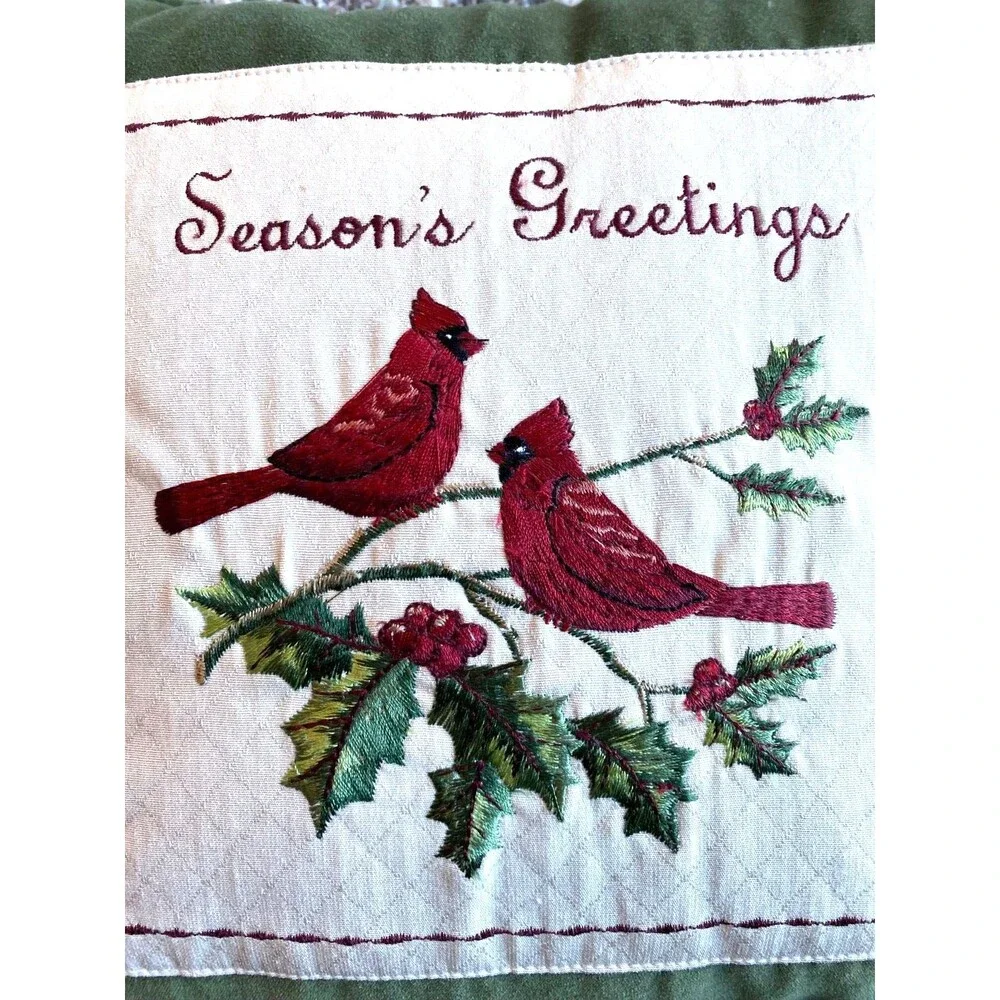 Vtg Cardinal Throw Pillow Christmas Holiday Decor 13” Green Velvet Embroidered